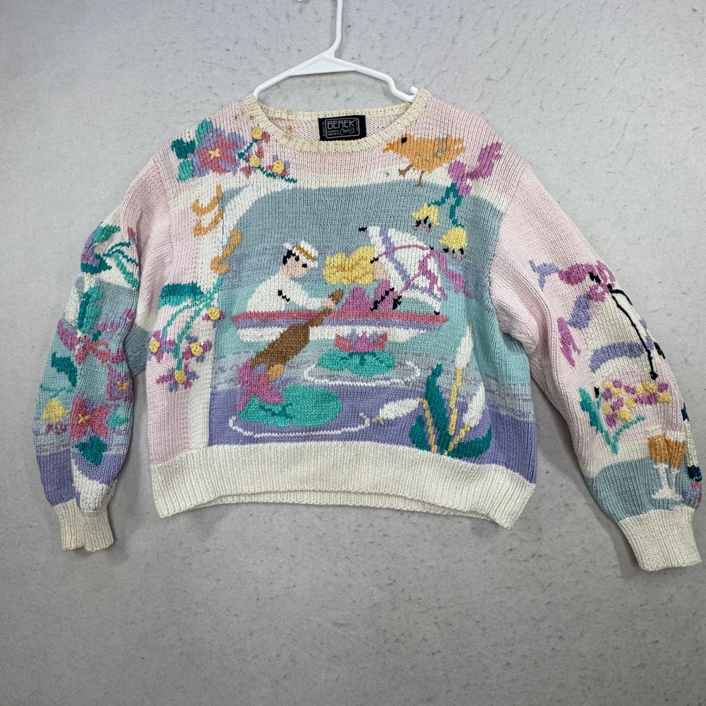 VTG Berek Sweater Womens Small Pastel Hand Knit Floral Grannycore FLAW